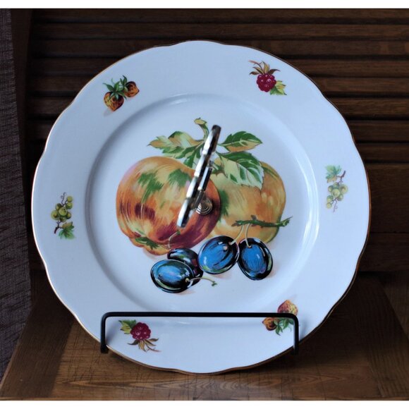 Porcelain Tidbit Plate Fruit Pattern Gold Trim 9 3/4"  MZ Czechoslovakia - Picture 2 of 4